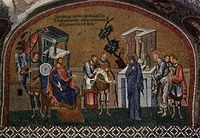 Byzantine Mosaic of Mary and Joseph registering for the Census, c1315